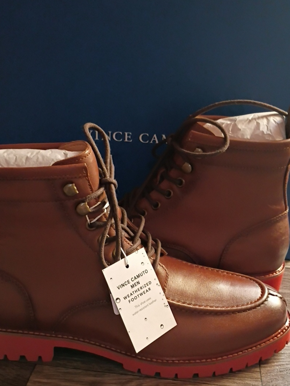 Vince Camuto Men’s Brown Weatherized Leather Boots with Red Lug Sole